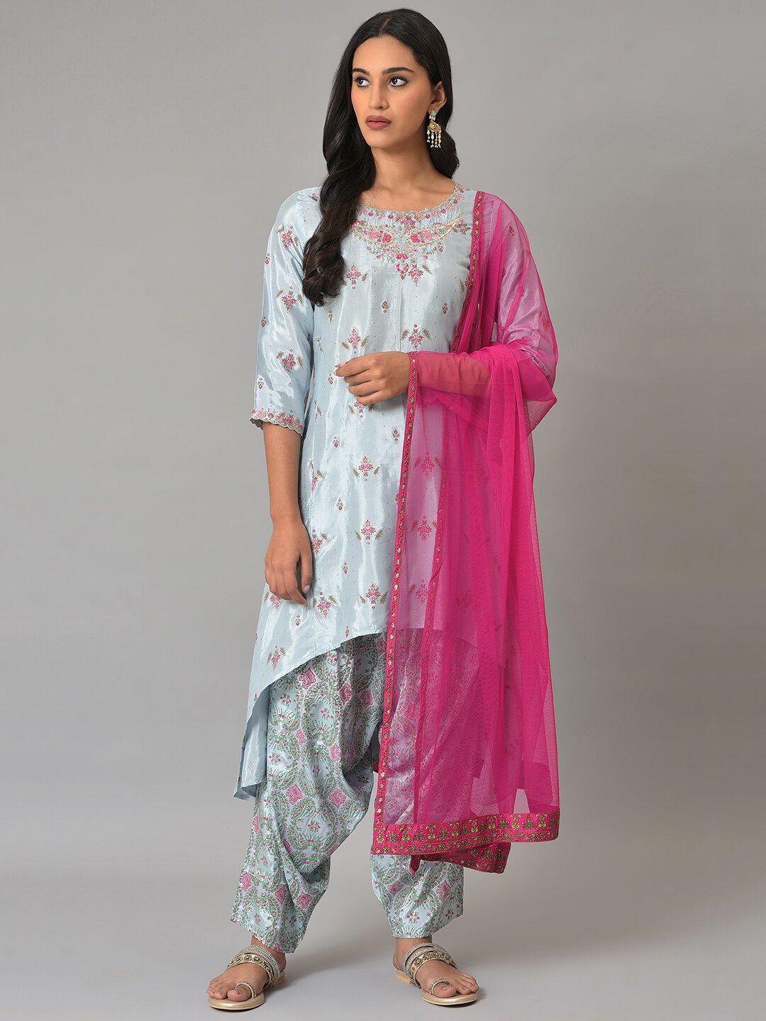 W Festive Floral Print Rayon Kurta With Salwar & Dupatta
