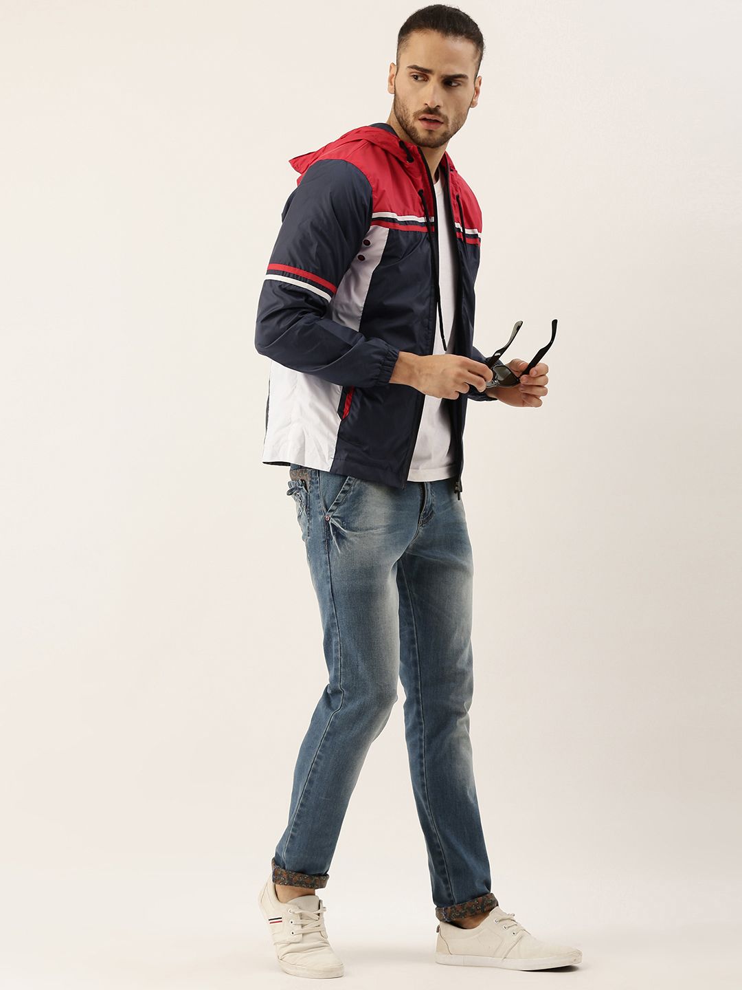 Campus Sutra Men Navy Blue & Red Colourblocked Windcheater Outdoor Biker Jacket