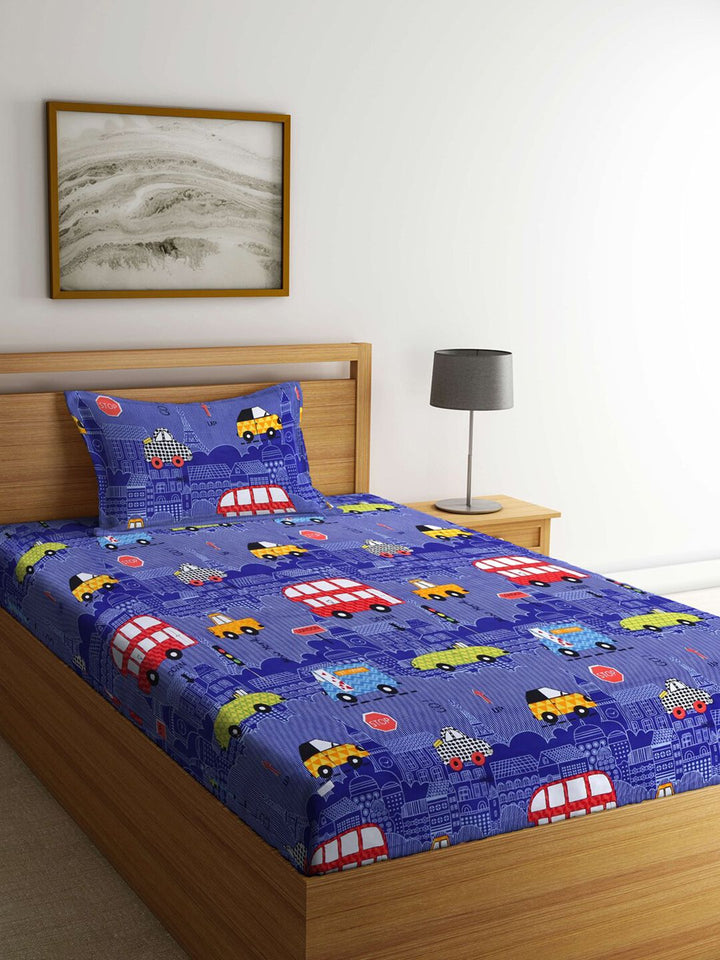 KLOTTHE Blue Conversational Polycotton 210 TC Single Halus Cadar dengan Sarung Bantal-87 x 59 inci