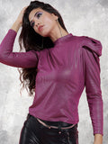 Tokyo Talkies Magenta Embellished High Neck Puffed Sleeves Top