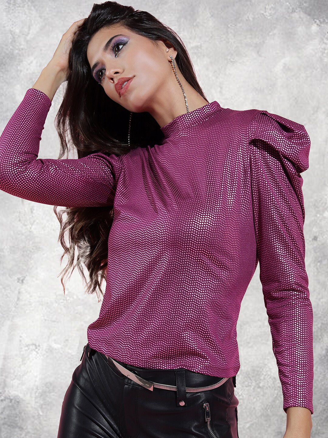 Tokyo Talkies Magenta Embellished High Neck Puffed Sleeves Top