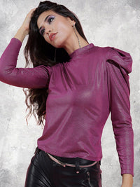 Tokyo Talkies Magenta Embellished High Neck Puffed Sleeves Top