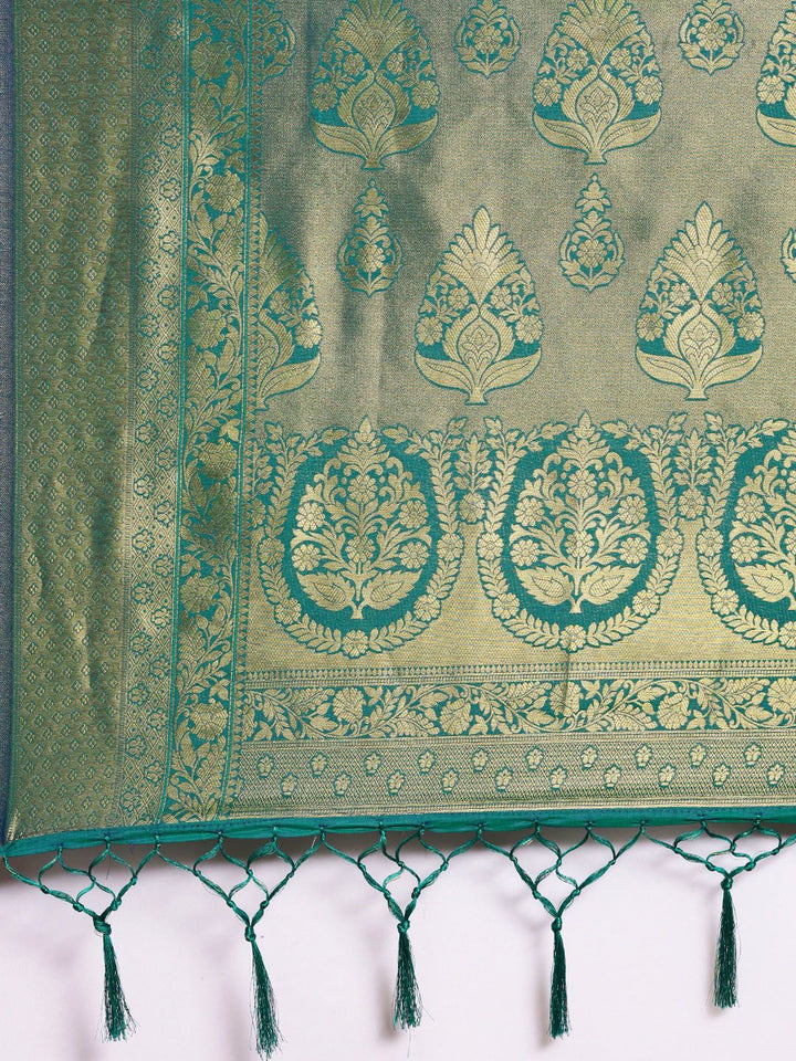 Saree mall Green & Gold-Toned Ethnic Motifs Zari Silk Blend Banarasi Sarees