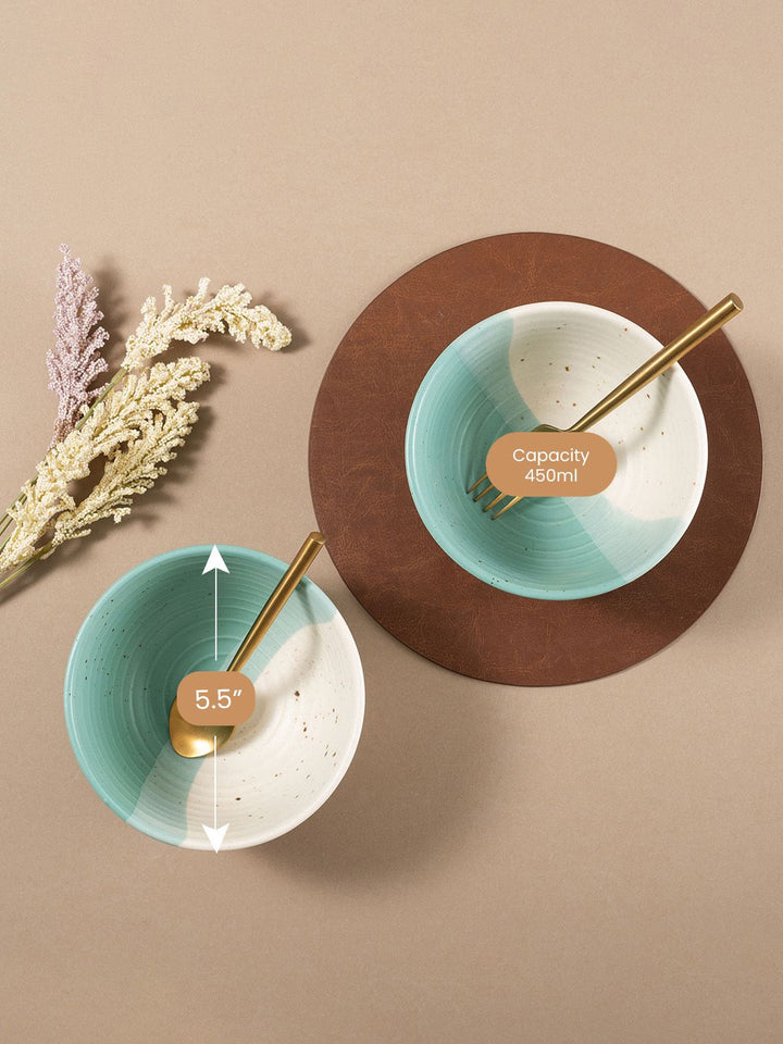 URBAN SPACE White & Green 2 Pieces Colourblocked Printed Matte Bowls