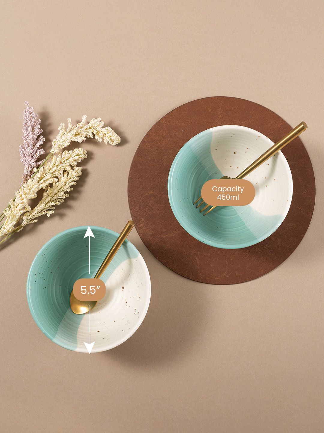 URBAN SPACE White & Green 2 Pieces Colourblocked Printed Matte Bowls
