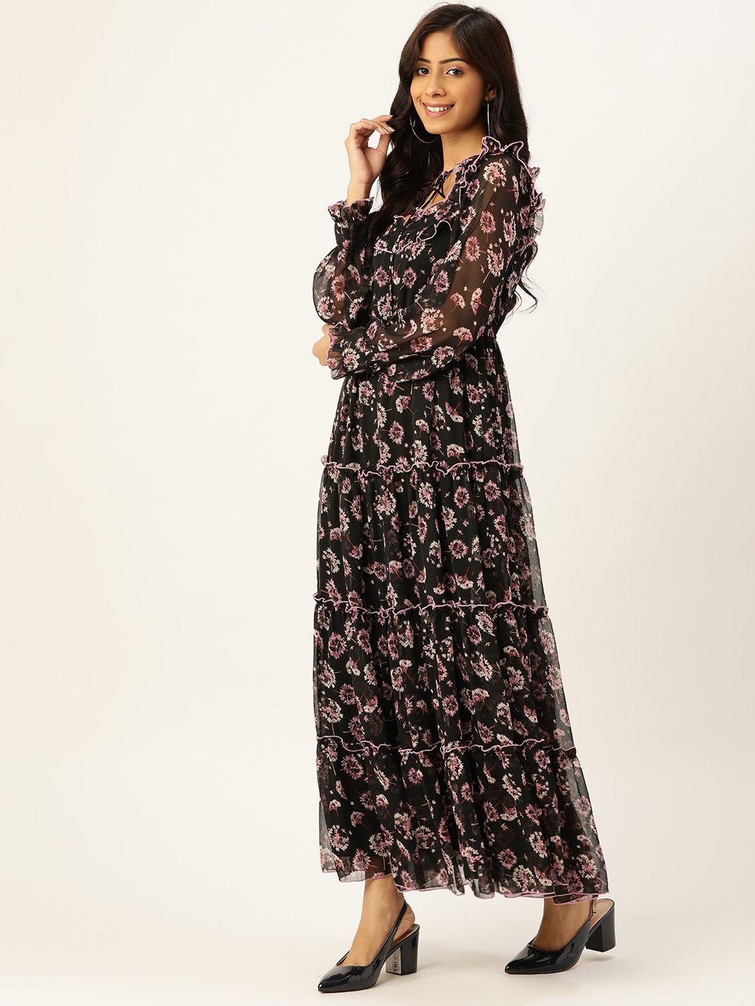 Antheaa Women Black & Lavender Floral Tie-Up Neck Maxi Dress