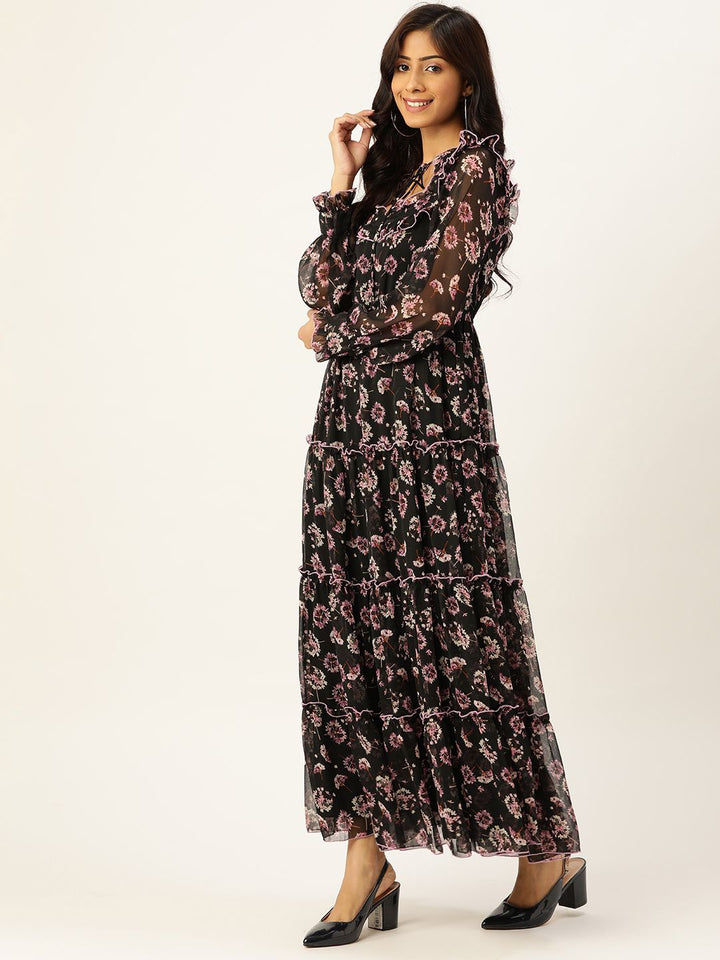 Antheaa Women Black & Lavender Floral Tie-Up Neck Maxi Dress
