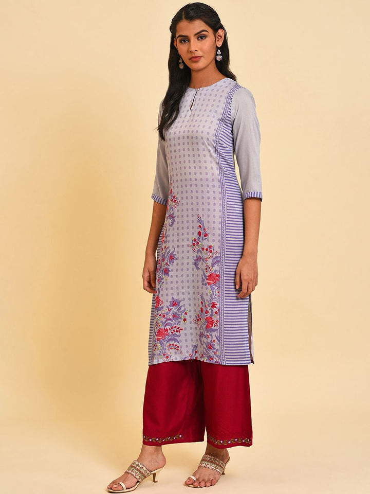 W Women Floral Print Silk Straight Kurta