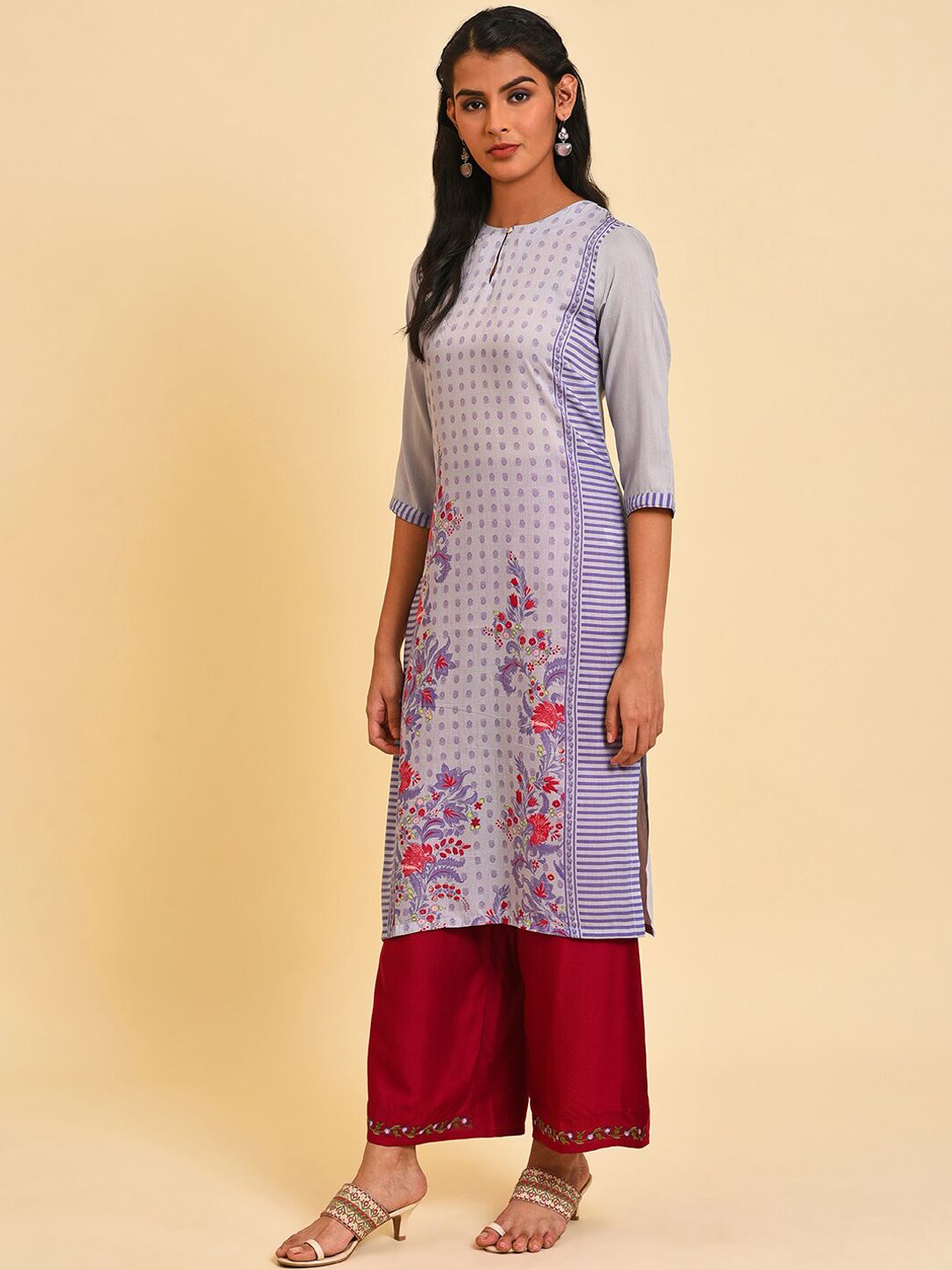 W Women Floral Print Silk Straight Kurta