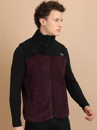 HIGHLANDER Black Self Design High Neck Sleeveless Front-Open Sweatshirt
