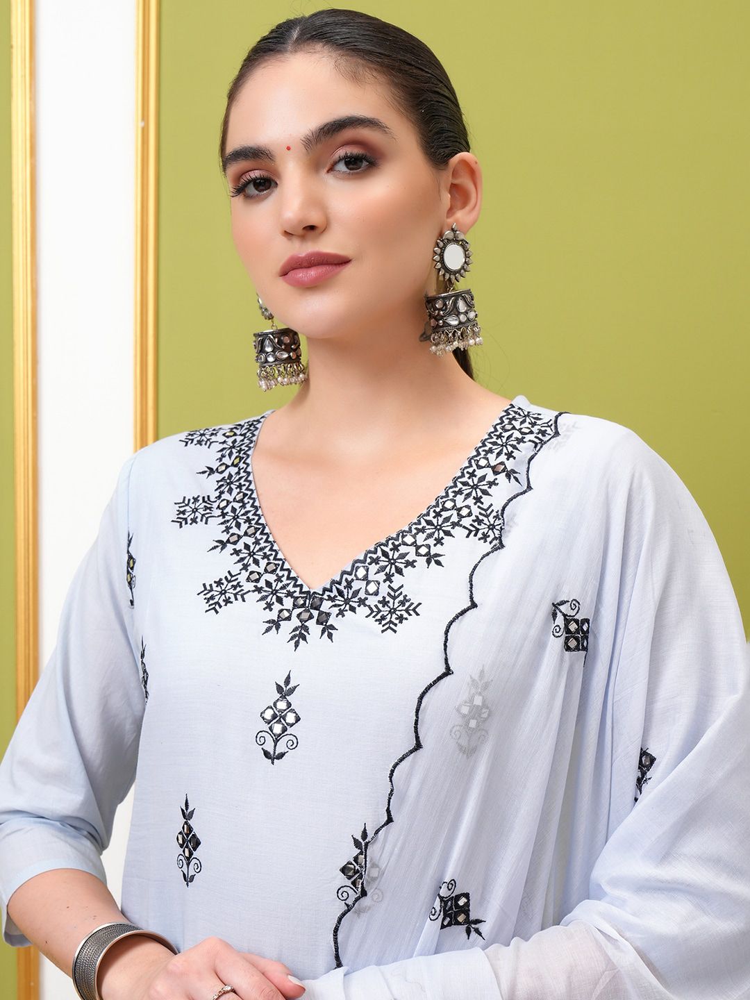 Vishudh Blue Ethnic Motifs Embroidered Pure Cotton Straight Kurta With Trousers & Dupatta