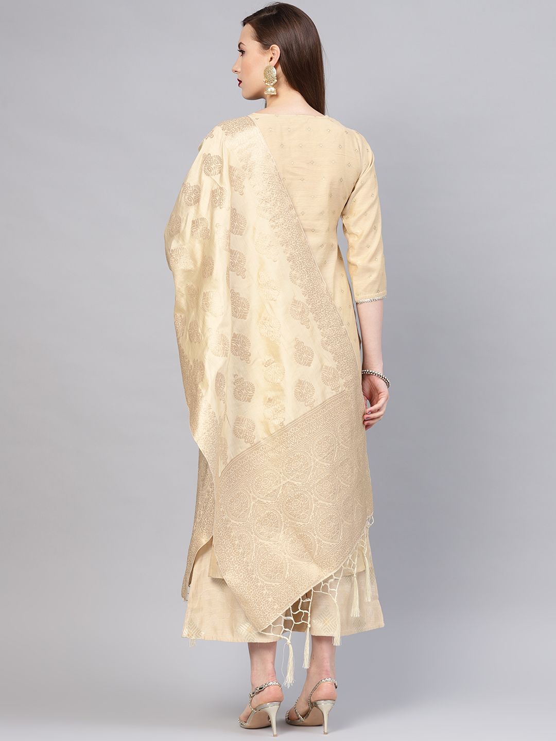 Libas Women Beige & Golden Self Design Kurta with Palazzos & Dupatta