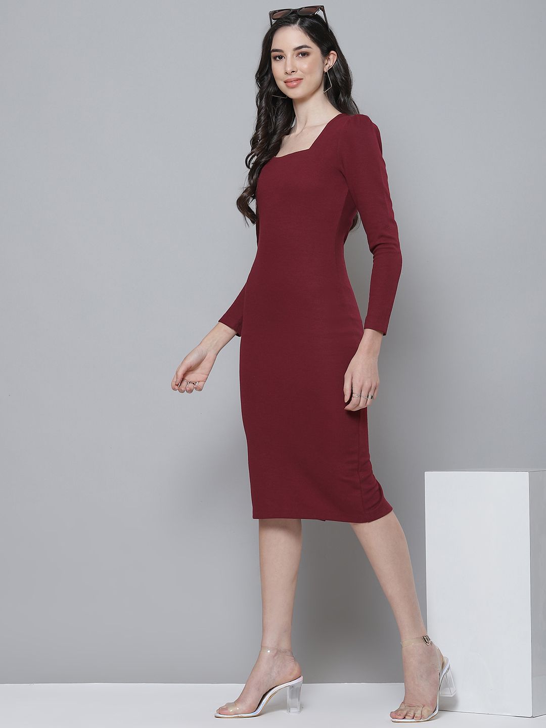 Pakaian Bodycon Berusuk Maroon SASSAFRAS