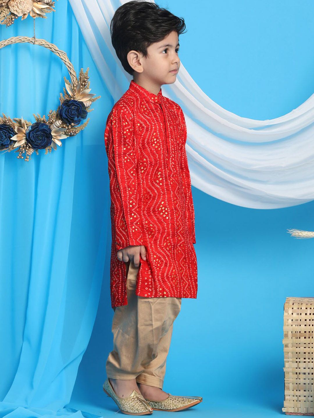 VASTRAMAY Boys Red Bandhani Printed Kurta with Dhoti Pants