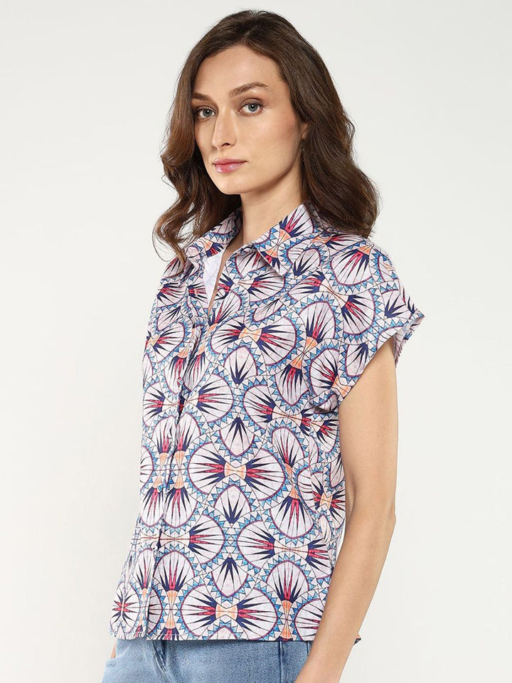 Rareism Geometric Print Extended Sleeves Shirt Shirt Gaya Atas
