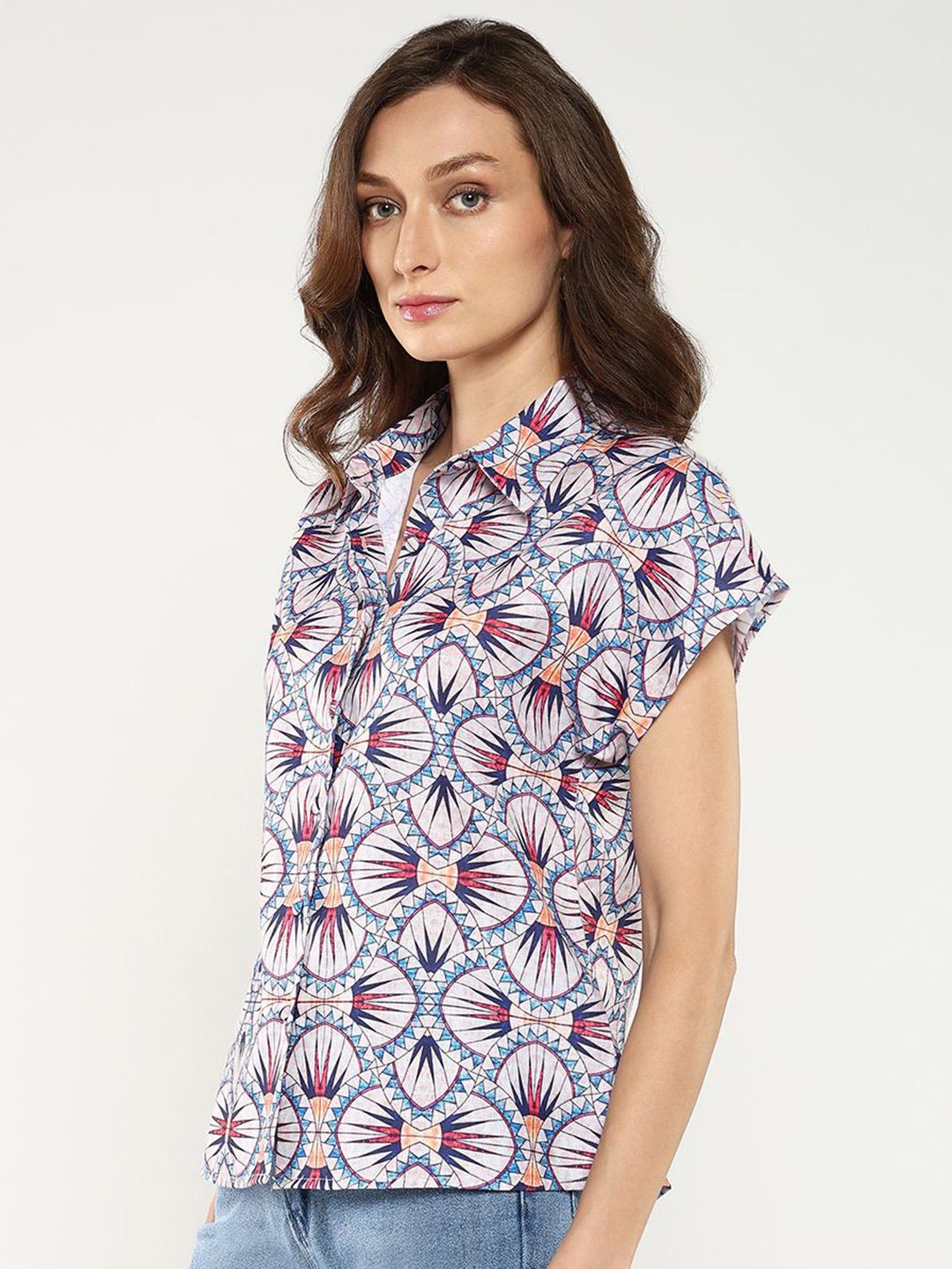 Rareism Geometric Print Extended Sleeves Shirt Shirt Gaya Atas