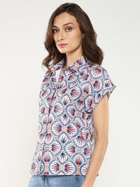Rareism Geometric Print Extended Sleeves Shirt Shirt Gaya Atas