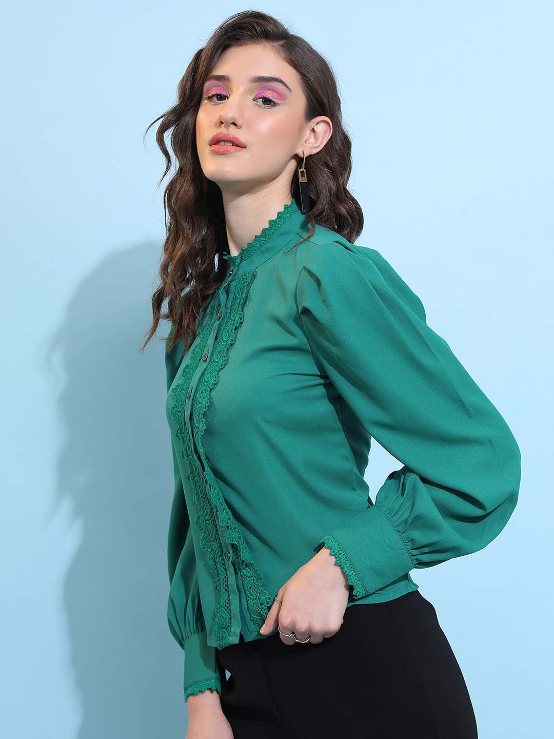Tokyo Talkies Green Self Design High Neck Lace Inserts Shirt Stye Top