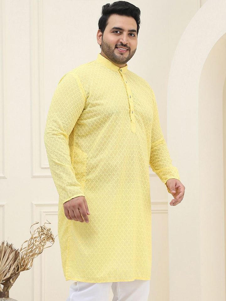 SOJANYA PLUS Size Men Yellow Ethnic Motifs Embroidered Pure Cotton Kurta
