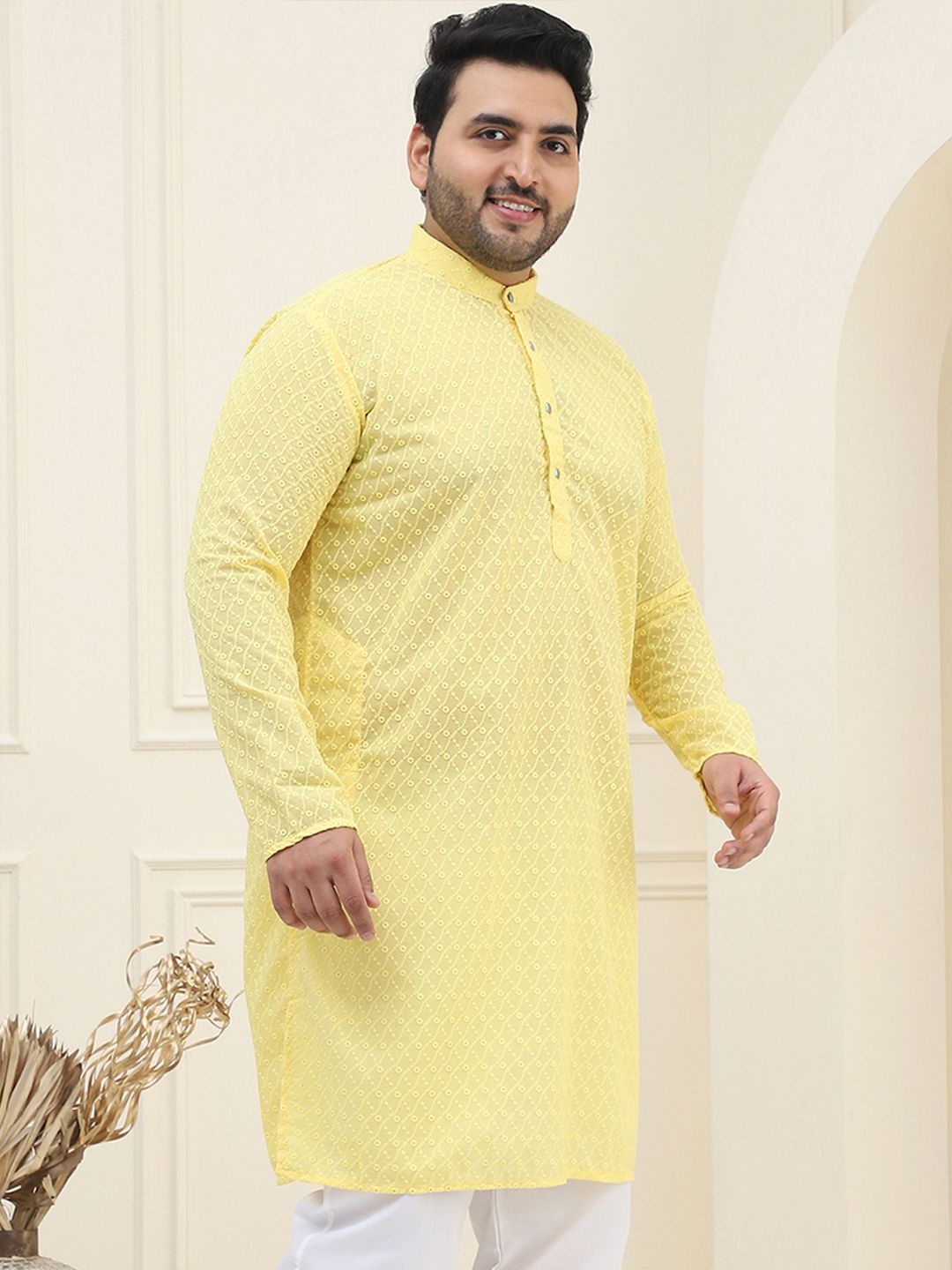 SOJANYA PLUS Size Men Yellow Ethnic Motifs Embroidered Pure Cotton Kurta