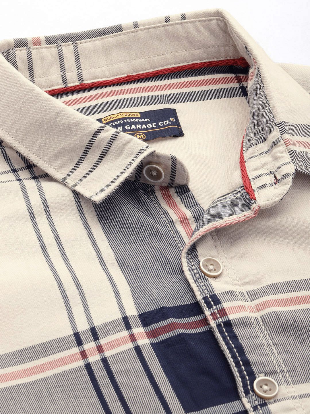 The Indian Garage Co Men Cream-Coloured & Navy Blue Tartan Checked Shirt