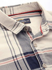 The Indian Garage Co Men Cream-Coloured & Navy Blue Tartan Checked Shirt