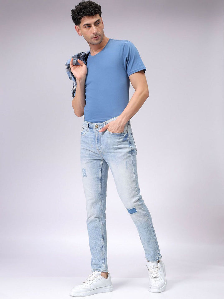 The Indian Garage Co Men Cotton Slim Fit Mildly Distressed Heavy Fade Stretchable Jeans