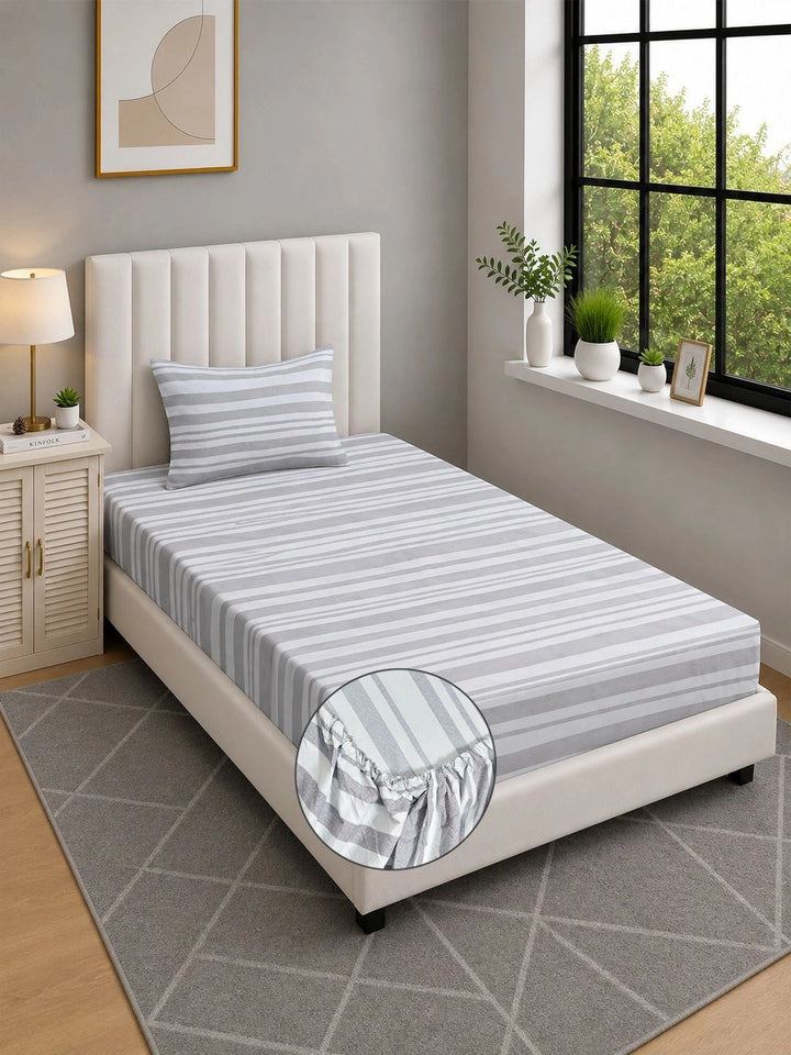 Moda Rapido X KLOTTHE Grey & White Striped 300 TC Single Bedsheet with 1 Pillow Covers
