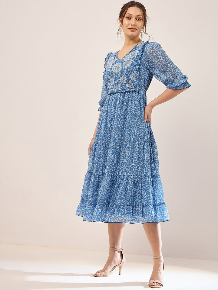 Antheaa Floral Printed Embroidered Puff Sleeve Chiffon Fit & Flare Tiered Midi Dress