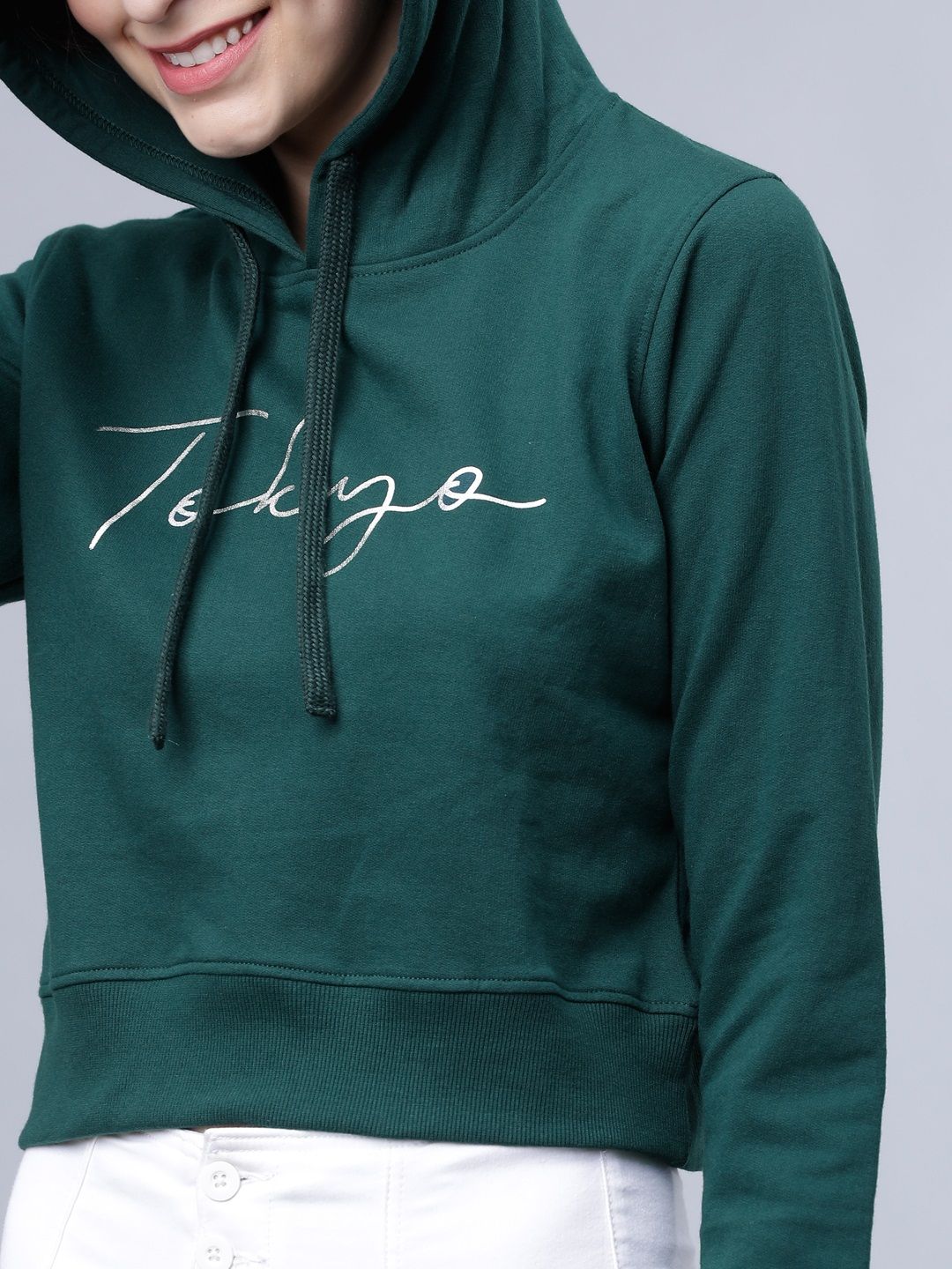 Tokyo Talkies Women Green Printed Hooded Sweatshirt