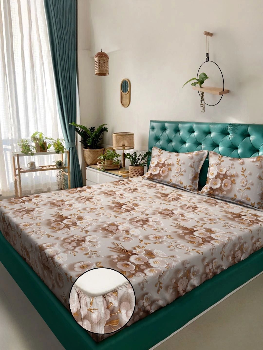 Myntra Elegant Homes Berwarna Krim Bunga 400 TC Cadar King dengan 2 Sarung Bantal