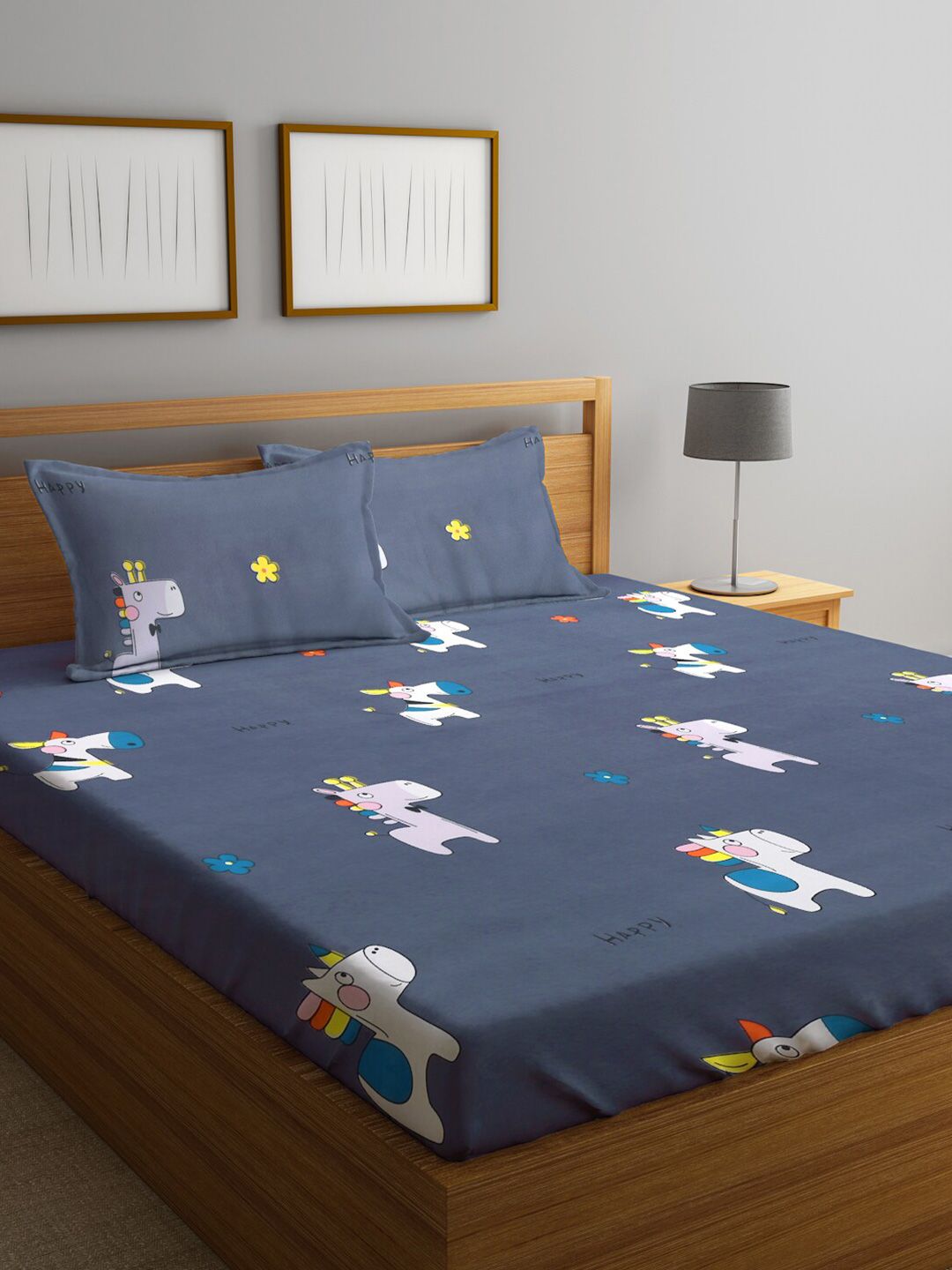 KLOTTHE Blue Graphic Polycotton 210 TC King Bedsheet with 2 Pillow Covers-250 x 220 cm