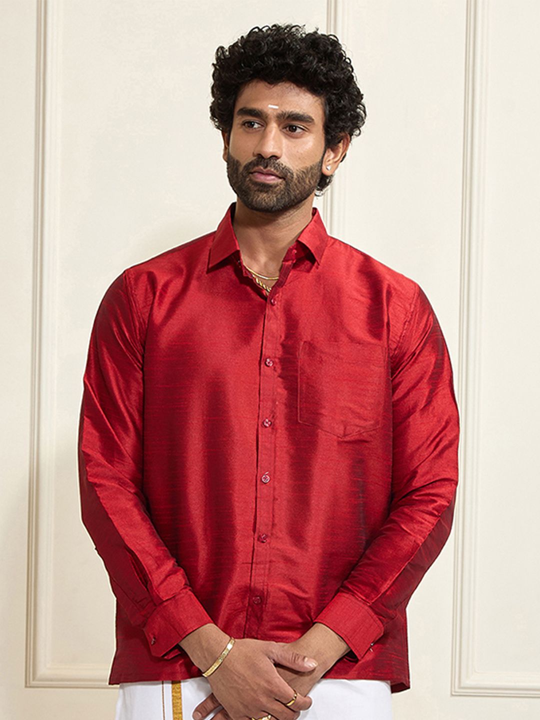 VASTRAMAY Premium Spread Collar Silk Shirt