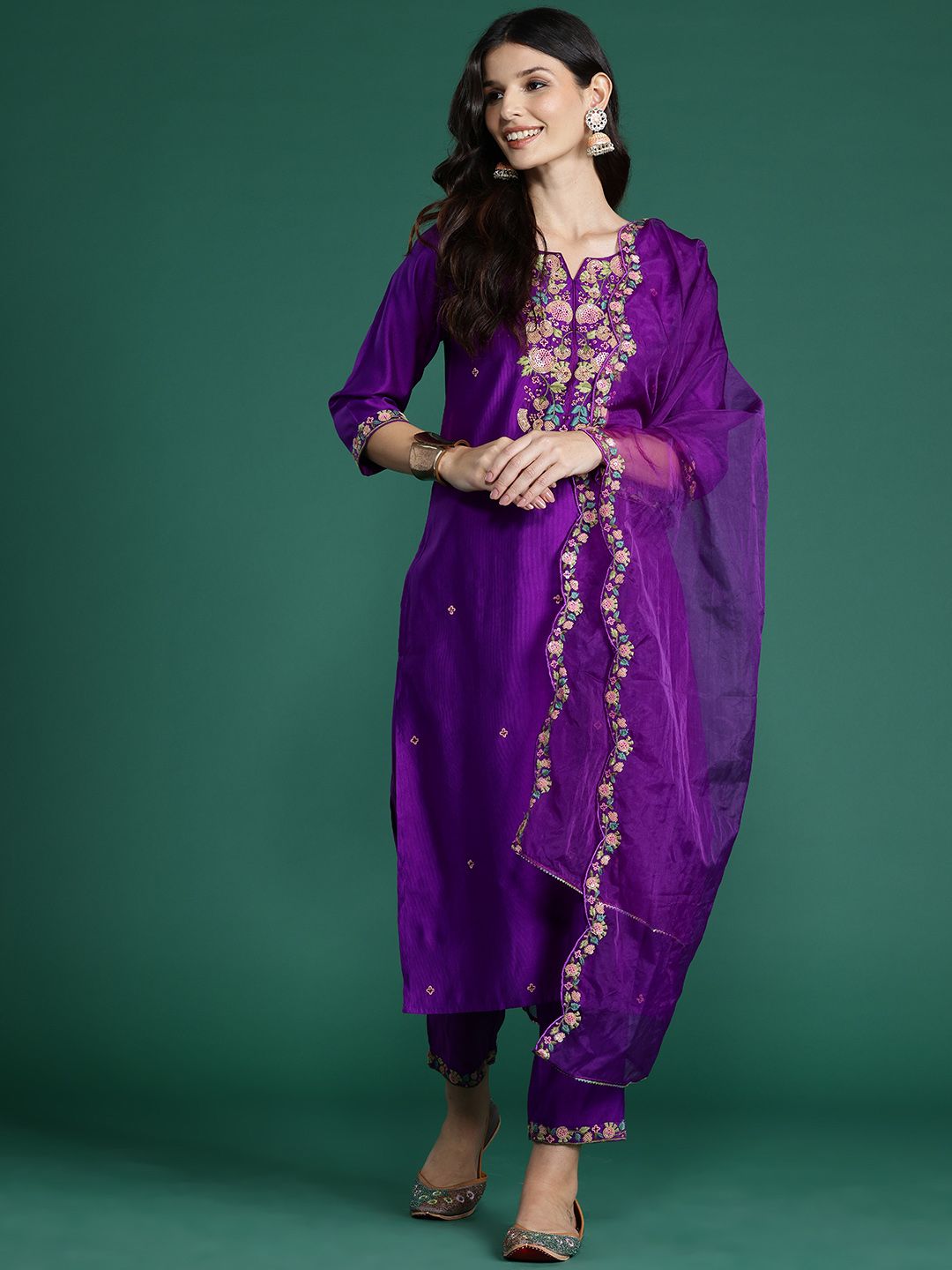 Indo Era Floral Embroidered Sequinned Liva Kurta With Trousers & Dupatta