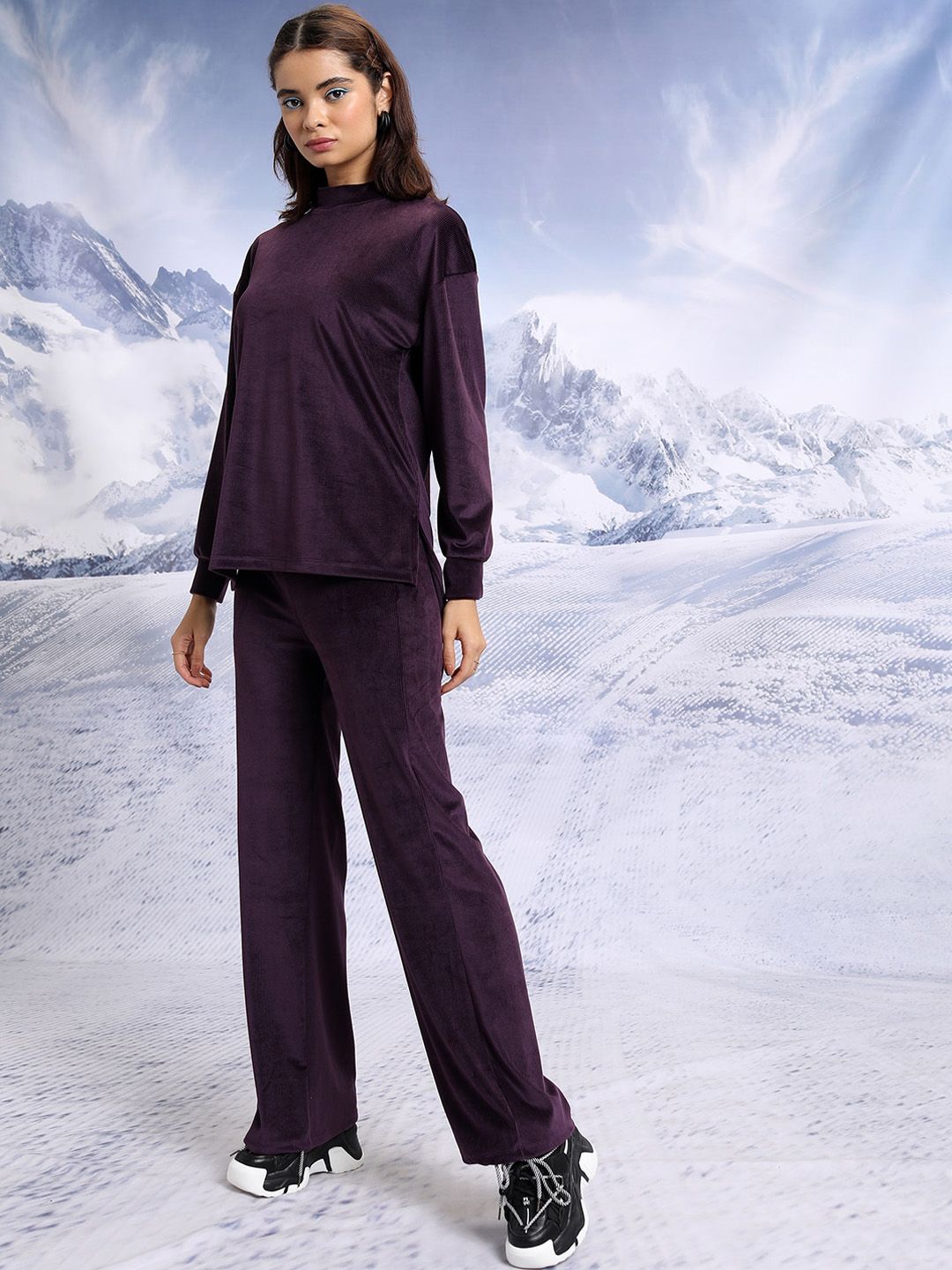 Tokyo Talkies High Neck Relaxed Fit Top With Bell Bottom Trousers