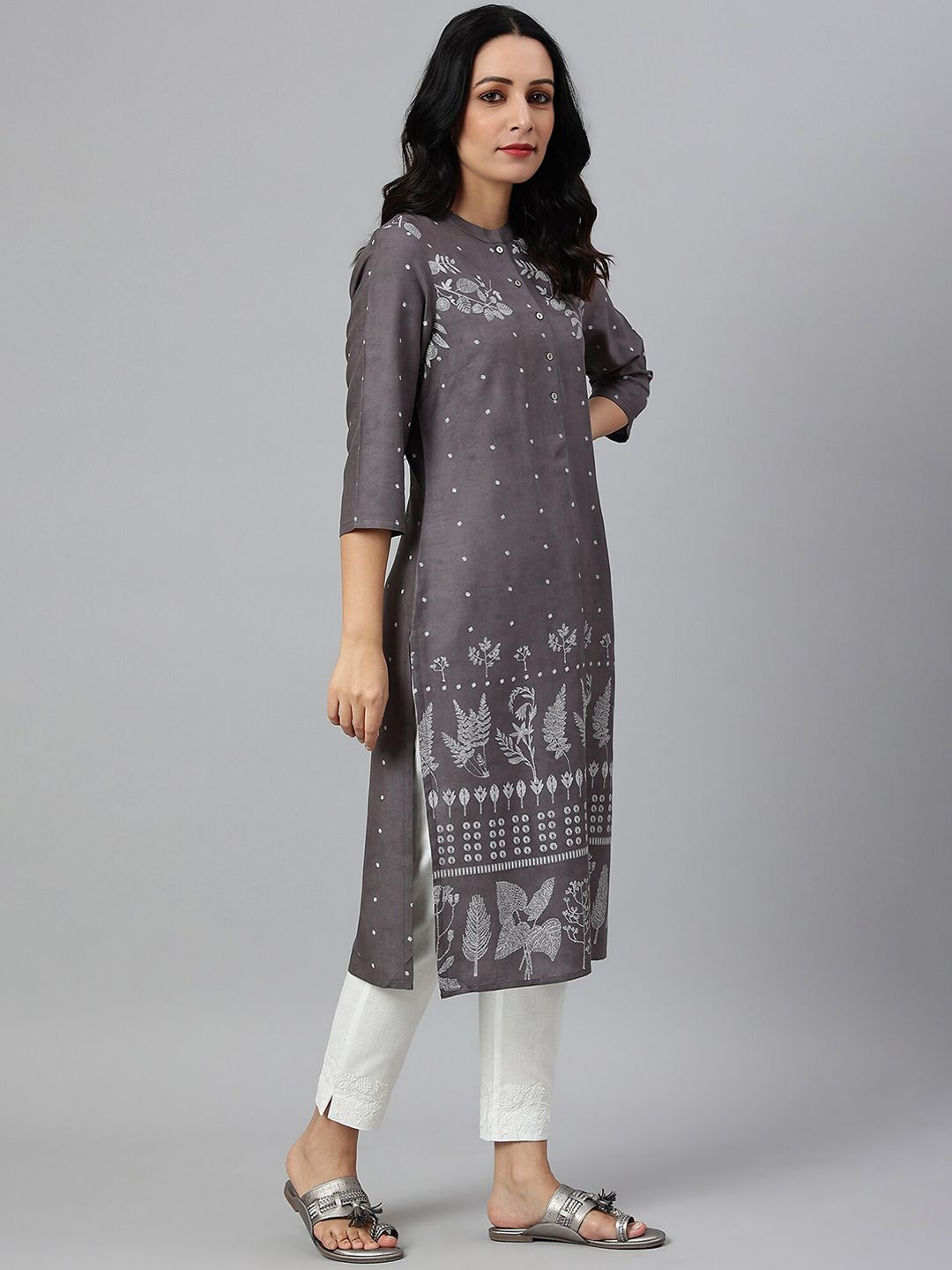W Women Grey Floral Printed Handloom Kurta
