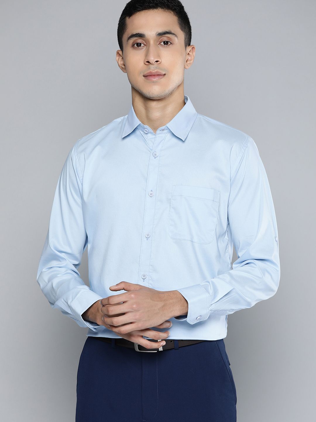 DENNISON Men Blue Solid Smart Slim Fit Stretchable Lycra Formal Shirt