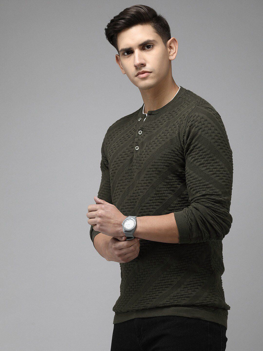 THE BEAR HOUSE Men Ardor Edition Self Design Henley Neck Slim Fit Pure Cotton T-shirt