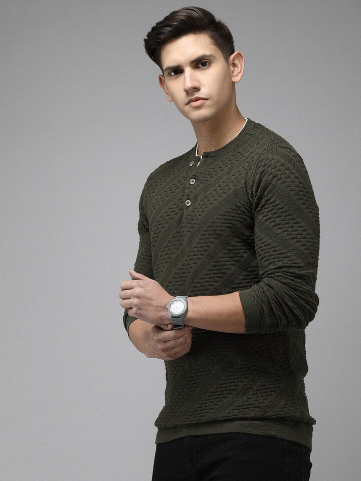 THE BEAR HOUSE Men Ardor Edition Self Design Henley Neck Slim Fit Pure Cotton T-shirt