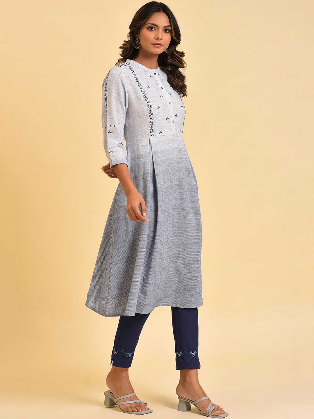 W Grey & Navy Blue Floral Embroidered Pure Cotton A-Line Kurta