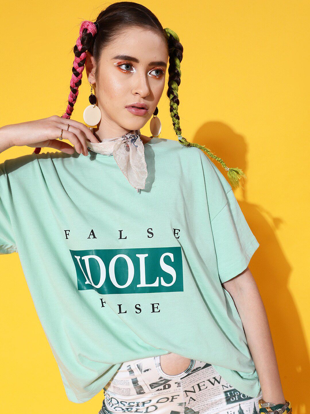 STREET 9 Women Sea Green Printed Cotton Drop-Shoulder Sleeves Bio Finish Oversized Pure Cotton T-shirt