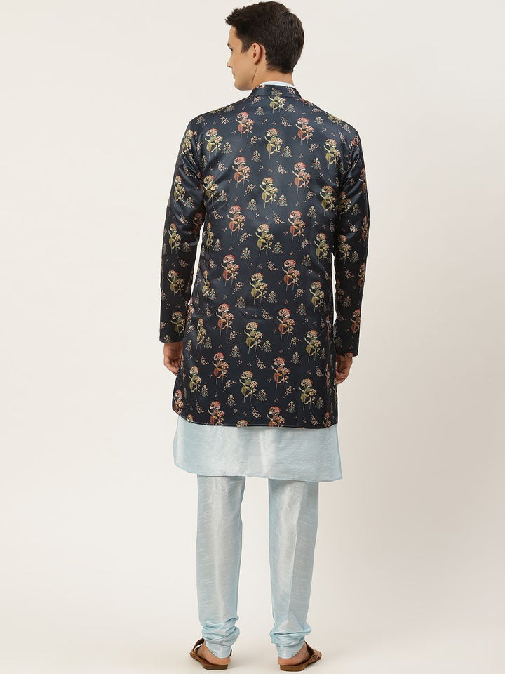 SOJANYA Men Blue Solid Kurta with Churidar & Ethnic Jacket