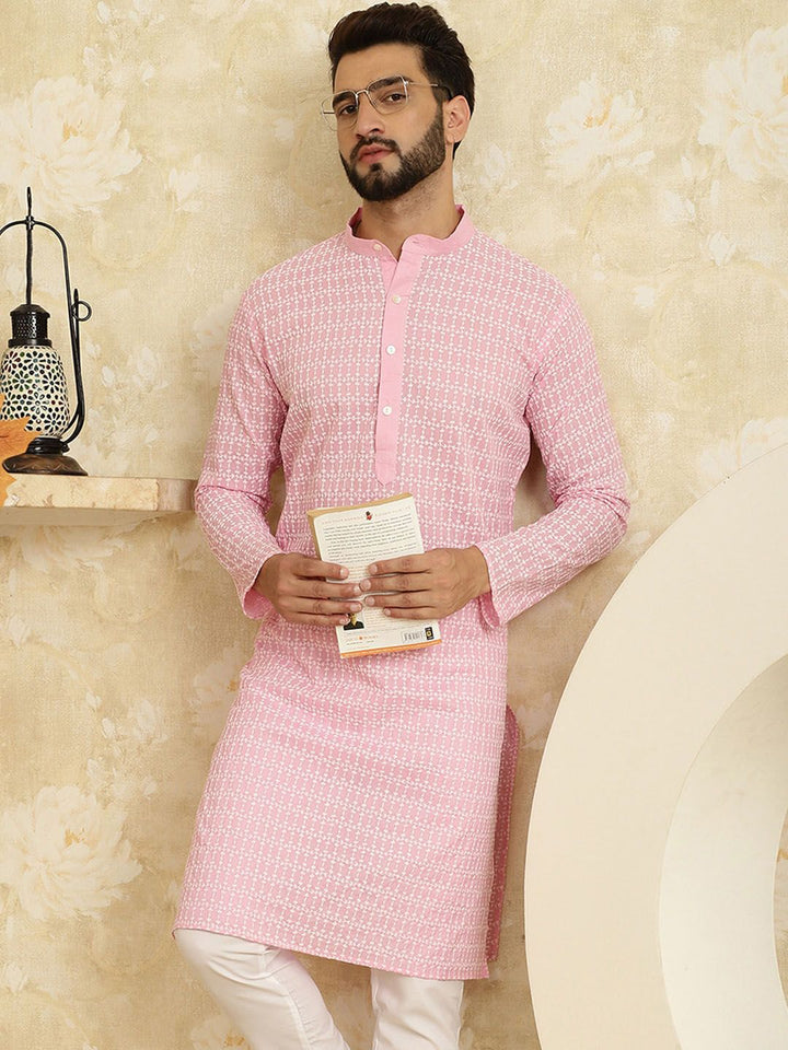 SOJANYA Floral Embroidered Band Collar Pastels Pure Cotton Straight Kurta