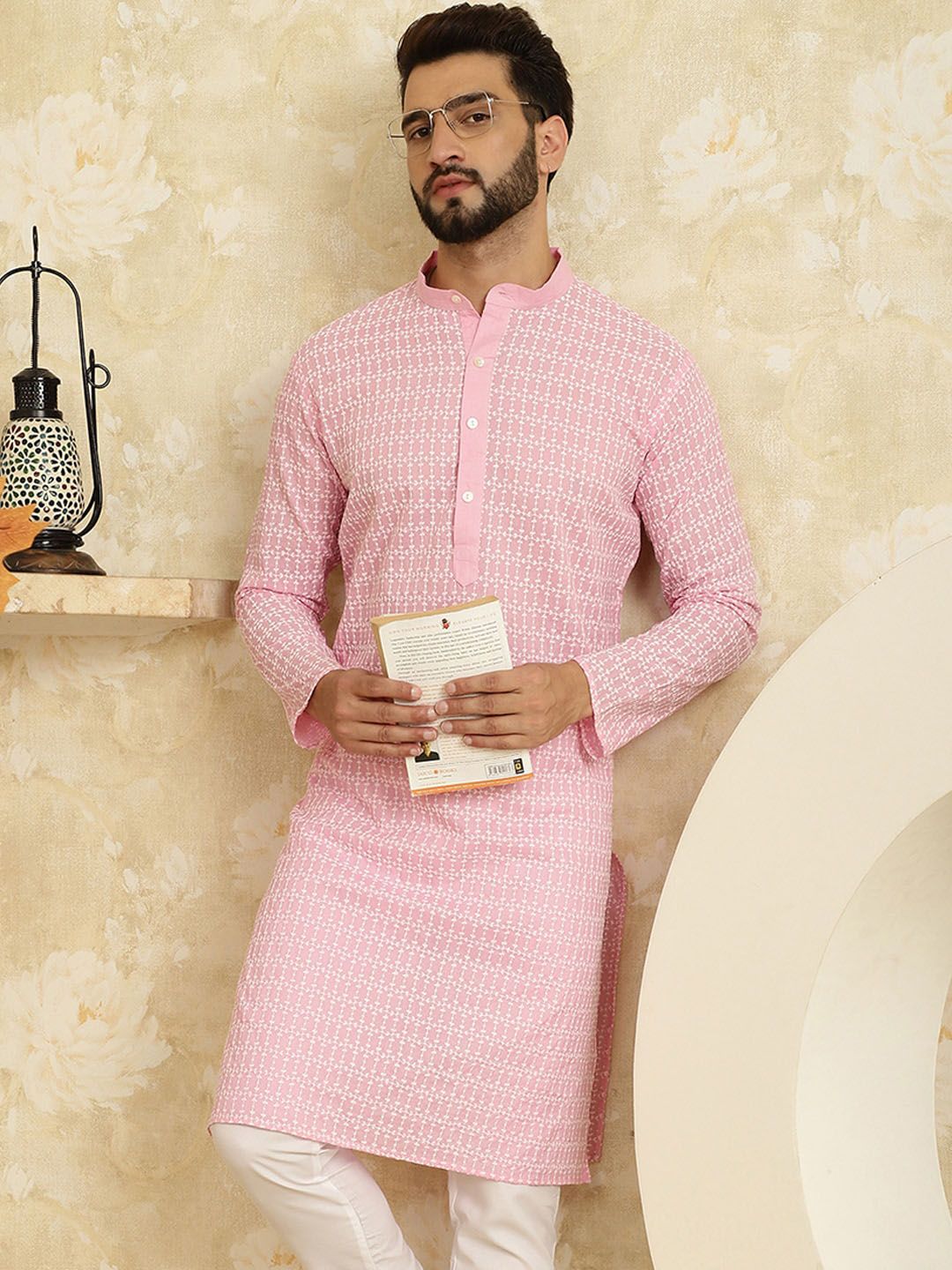 SOJANYA Floral Embroidered Band Collar Pastels Pure Cotton Straight Kurta