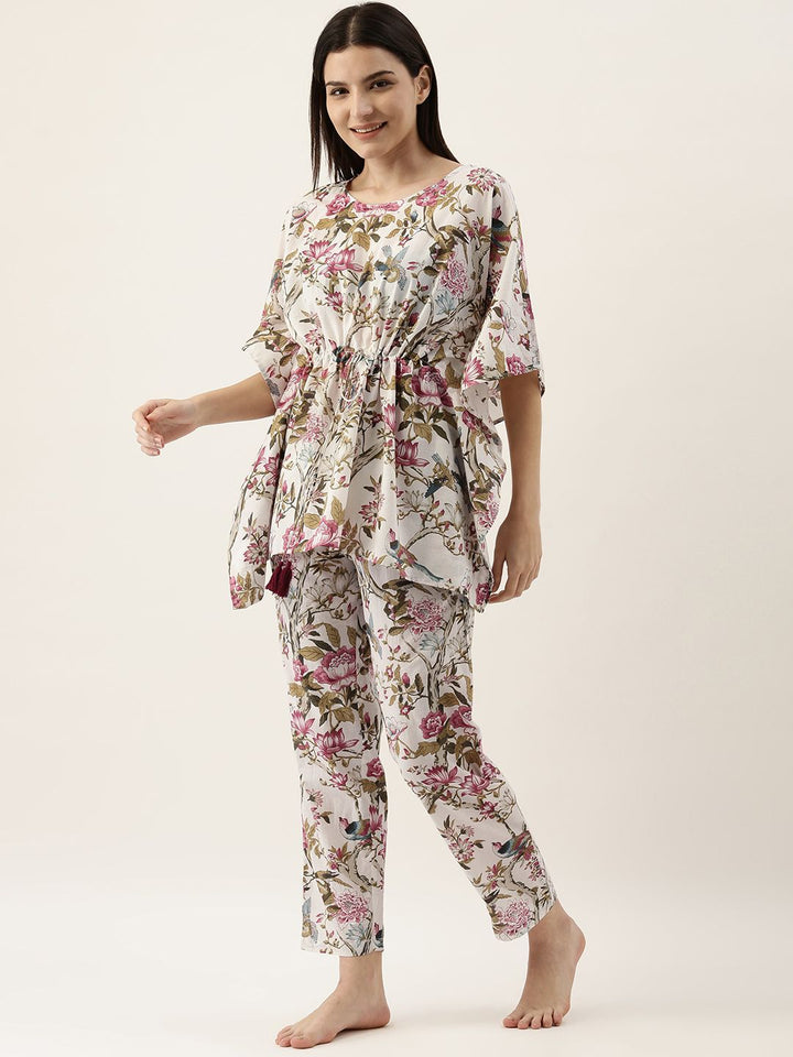 SANSKRUTIHOMES Women White & Pink Printed Night suit