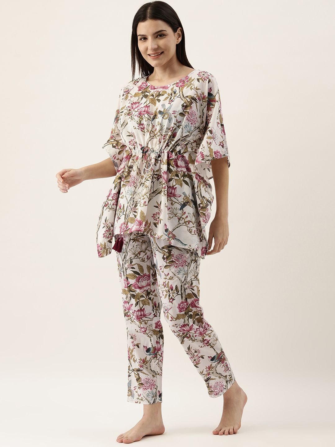 SANSKRUTIHOMES Women White & Pink Printed Night suit