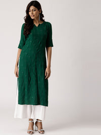 Libas Women Green Embroidered Straight Kurta