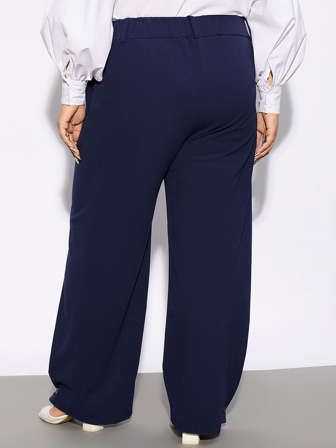 SASSAFRAS Curve Women Plus Size Navy Blue Straight Fit Hem Button Detail Parallel Trousers