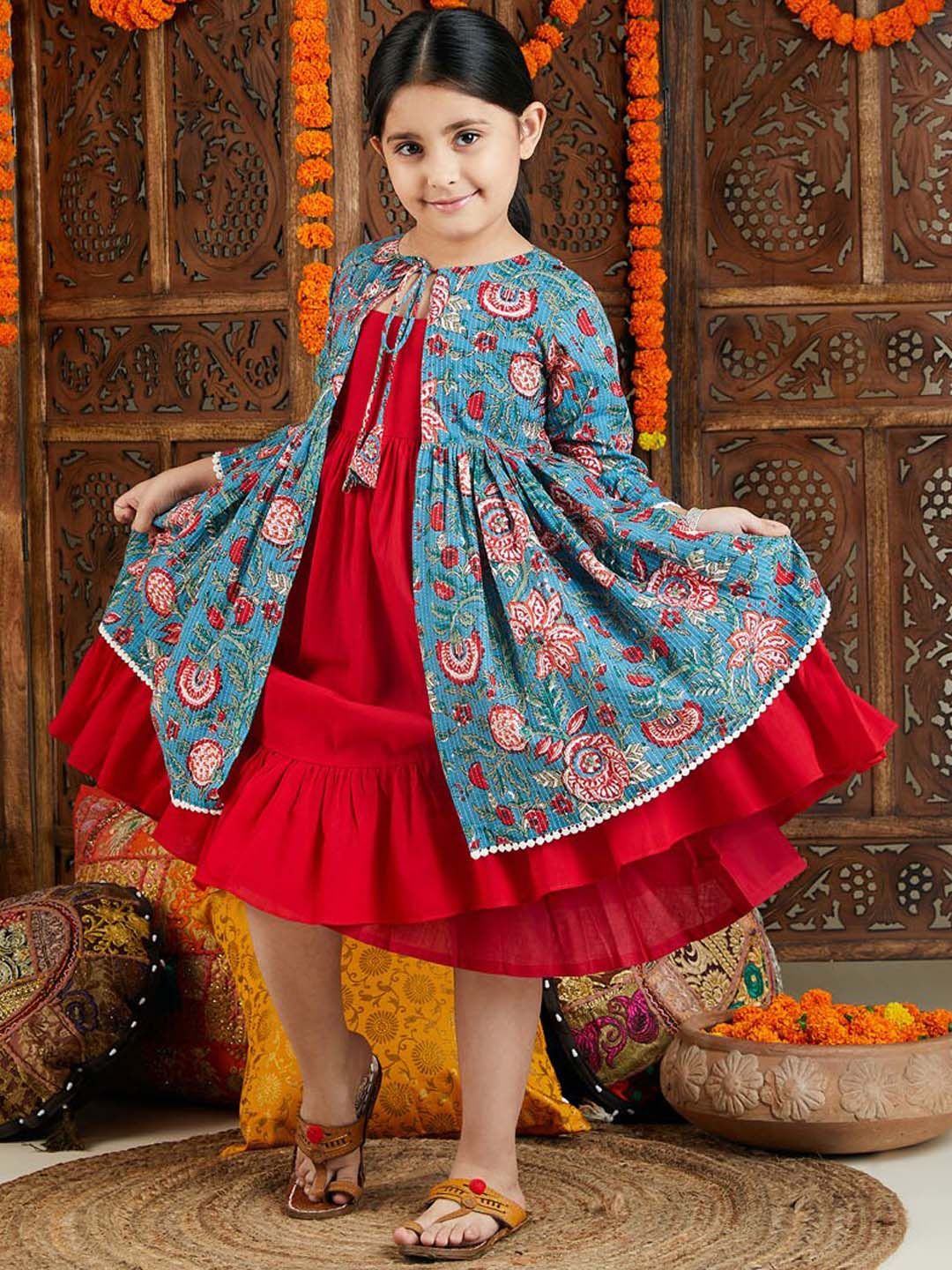 VASTRAMAY Cotton Fit & Flared Dress With Printed Jacket