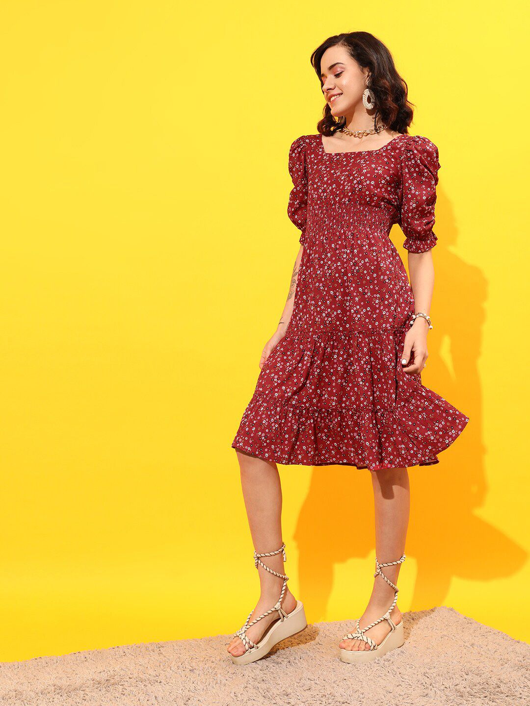 STREET 9 Puff Sleeves Tiered Georgette A-Line Dress